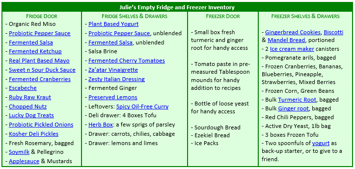 Julie’s Empty Fridge and Freezer Inventory